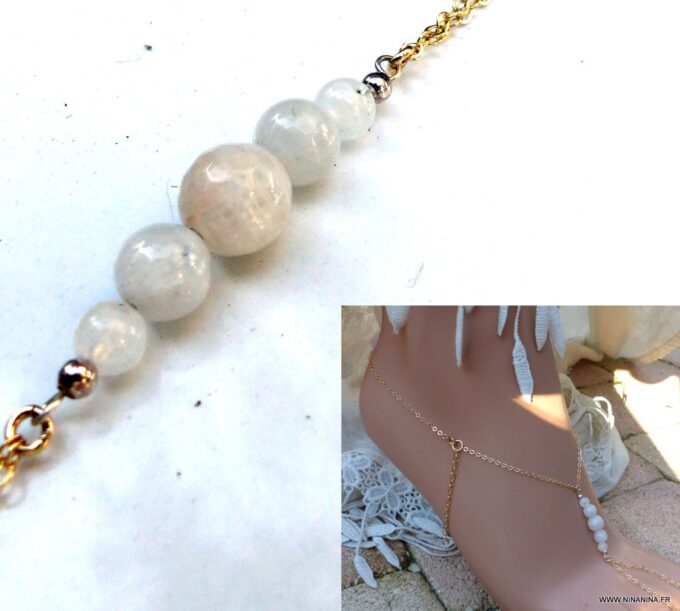 N6017a Chaine de cheville pierres fines pierre de lune plaqué or - Bijoux Chaines en ligne ninanina