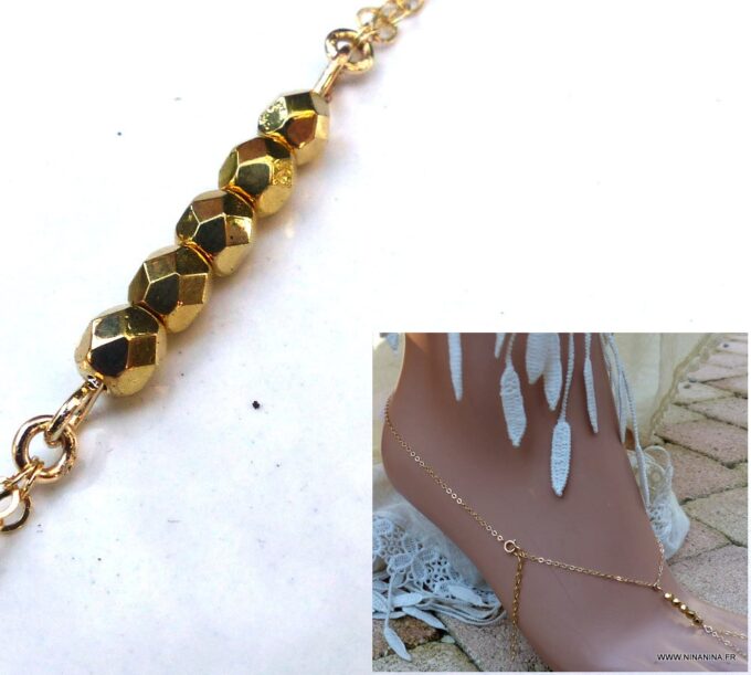 N6018a Chaine de cheville perles à facettes plaqué or - Bijoux Chaines en ligne ninanina