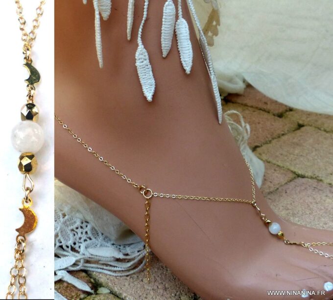 N6020 Chaine de cheville pierres fines pierre de lune croissant lunes plaqué or - Bijoux Chaines en ligne ninanina