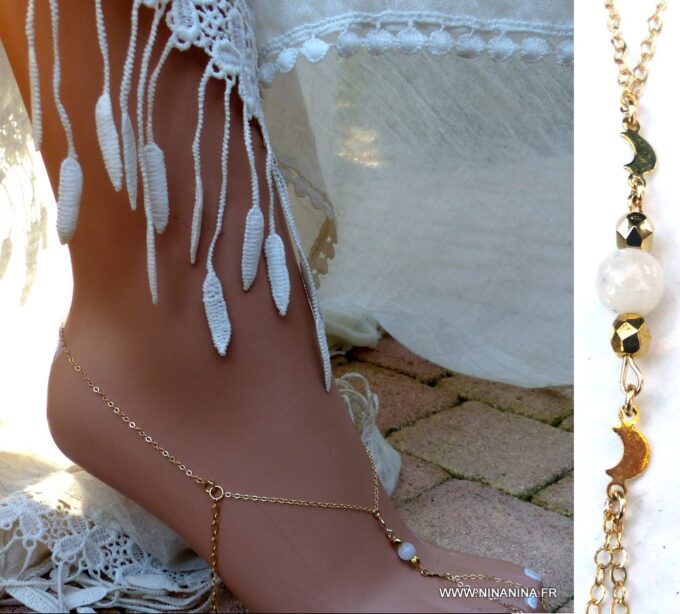 N6020b Chaine de cheville pierres fines pierre de lune croissant lunes plaqué or - Bijoux Chaines en ligne ninanina