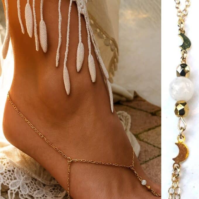 N6020b Chaînette De Pied artisanale Plaqué Or Et Pierre De Lune Blanche -Bijoux de pieds en ligne Ninanina