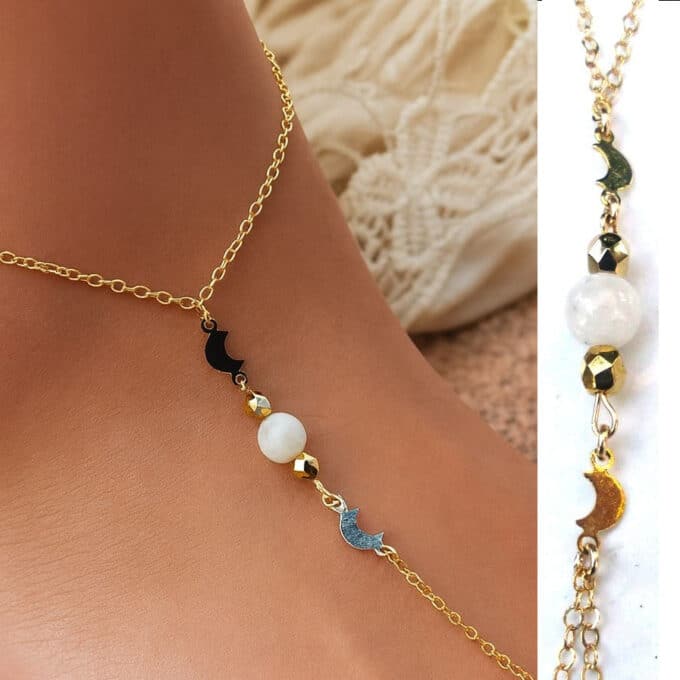 N6020c Chaînette De Pied artisanale Plaqué Or Et Pierre De Lune Blanche -Bijoux de pieds en ligne Ninanina