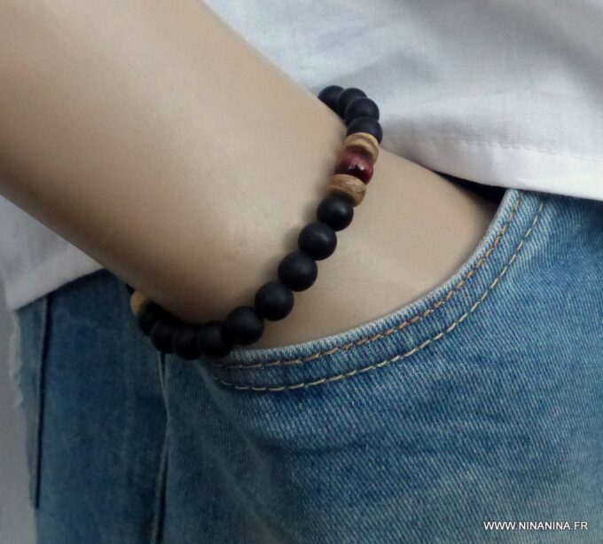 N6024 Bracelet elastique perles agates noires mat perles oeil de tigre rouge - Bijoux Bracelets en ligne ninanina