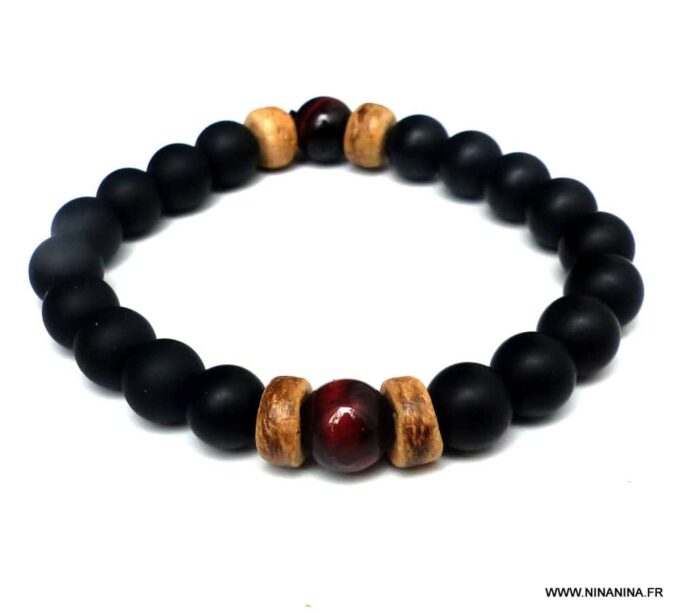 N6024 Bracelet homme strech perles agates noires mattes et oeil de tigre rouge - Bijoux Bracelets en ligne Ninanina