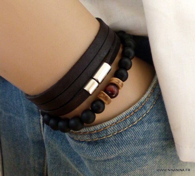 N6024 Bracelet strech elastique perles agates noires mattes et oeil de tigre rouge - Bijoux Bracelets en ligne Ninanina