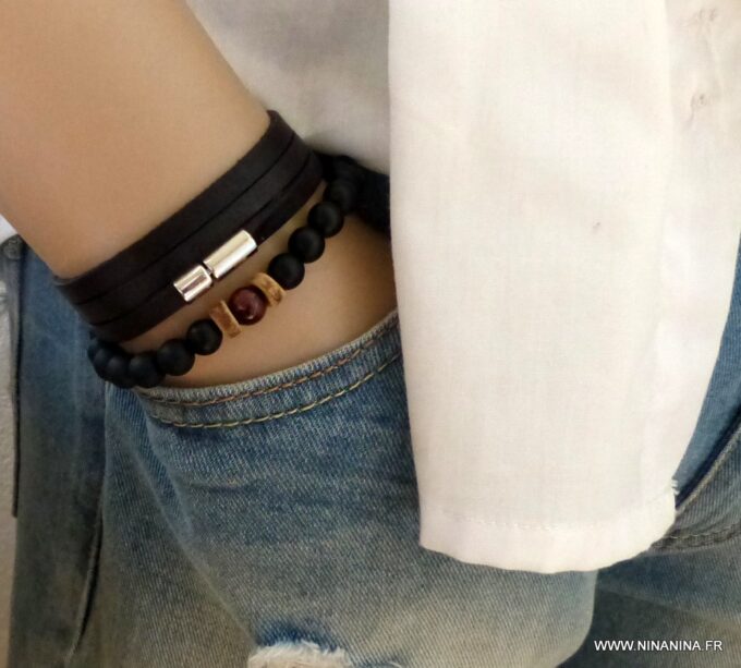 N6024a Bracelet strech elastique perles agates noires mattes et oeil de tigre rouge - Bijoux Bracelets en ligne Ninanina