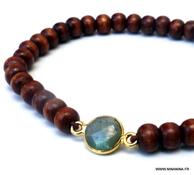 N6027a Bracelet perles bois labradorite naturelle plaqué or - Bijoux Bracelets en ligne Ninanina