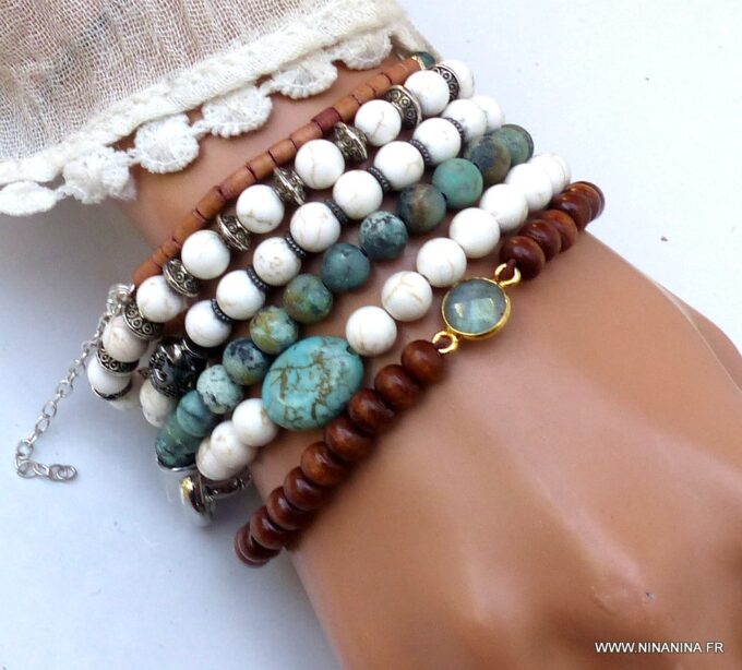 N6027b Bracelet perles bois labradorite naturelle plaqué or - Bijoux Bracelets en ligne Ninanina