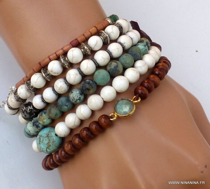 N6027e Bracelet perles bois labradorite naturelle plaqué or - Bijoux Bracelets en ligne Ninanina