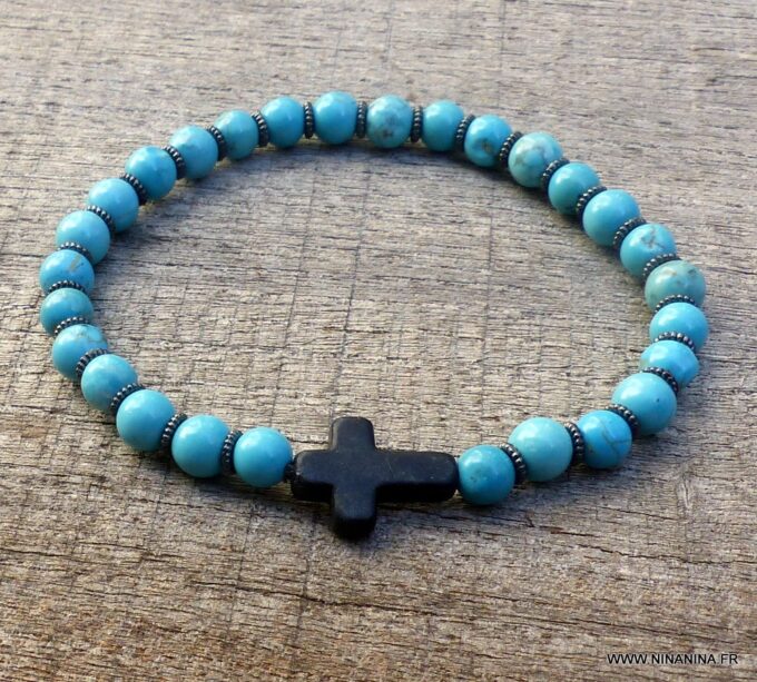 N6028 Bracelet perles turquoise naturelle croix noire - Bijoux Bracelets en ligne Ninanina