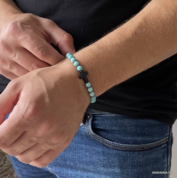 N6028a Bracelet avec croix pour femme et homme turquoise - Bijoux Bracelets en ligne Ninanina