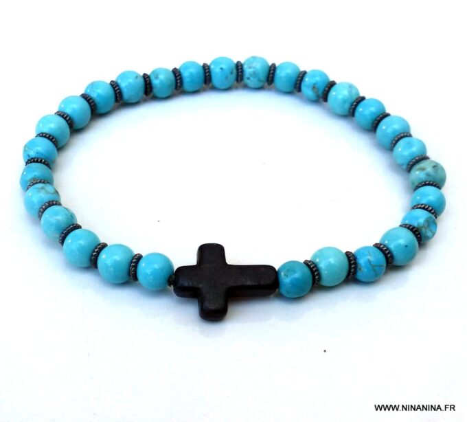 N6028a Bracelet perles turquoise naturelle croix noire - Bijoux Bracelets en ligne Ninanina