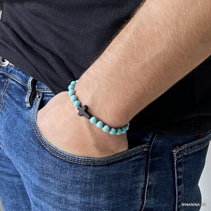 N6028b Bracelet avec croix pour femme et homme turquoise - Bijoux Bracelets en ligne Ninanina