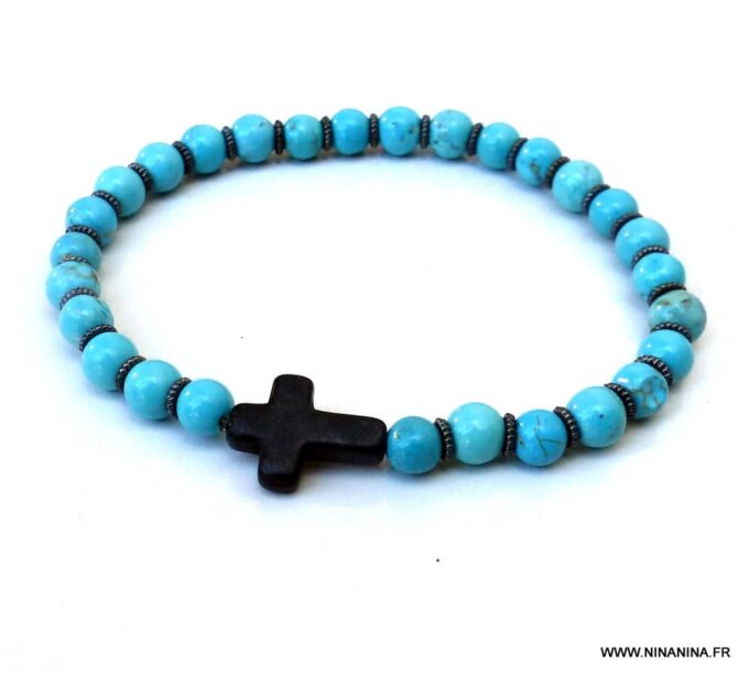 N6028c Bracelet perles turquoise naturelle croix noire - Bijoux Bracelets en ligne Ninanina