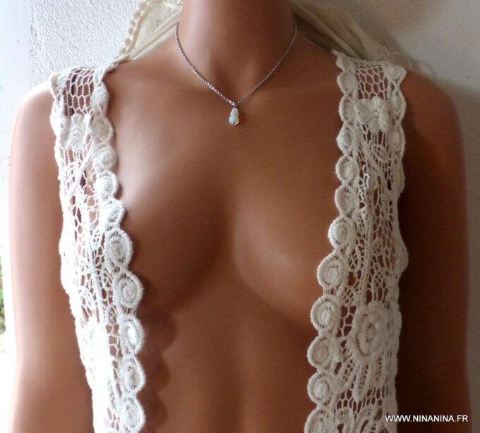 N6030a Collier chaine de dos pierre fine perles pierre de lune acier inoxydable argenté - Bijoux Colliers en ligne Ninanina