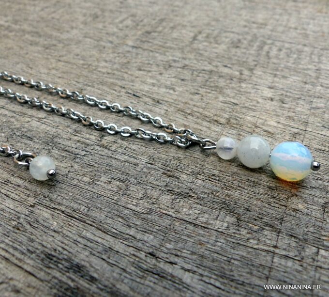 N6030c Collier chaine de dos pierre fine perles pierre de lune acier inoxydable argenté - Bijoux Colliers en ligne Ninanina