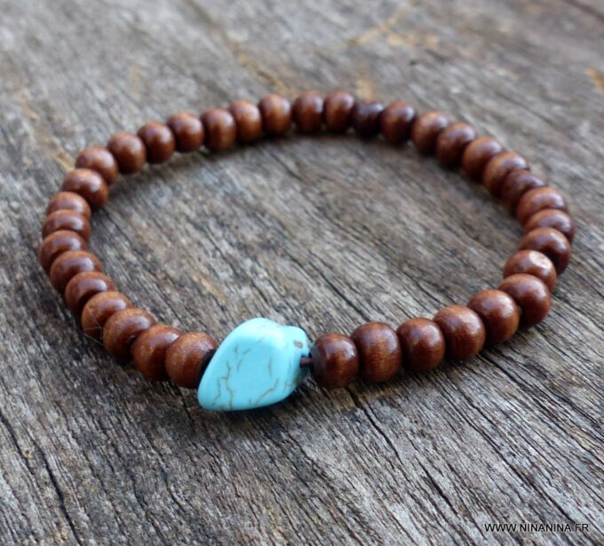 N6032 Bracelet elastique perles bois perle nugget turquoise naturelle - Bijoux Bracelets en ligne Ninanina