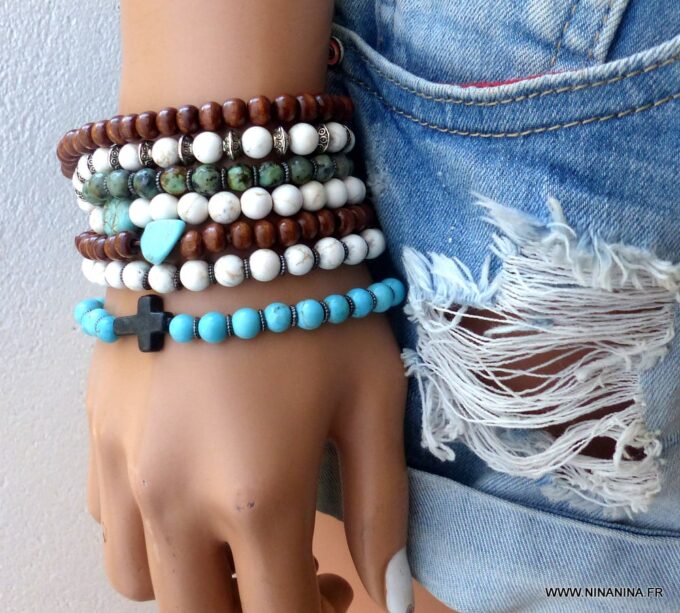 N6032c Bracelet elastique perles bois perle nugget turquoise naturelle - Bijoux Bracelets en ligne Ninanina