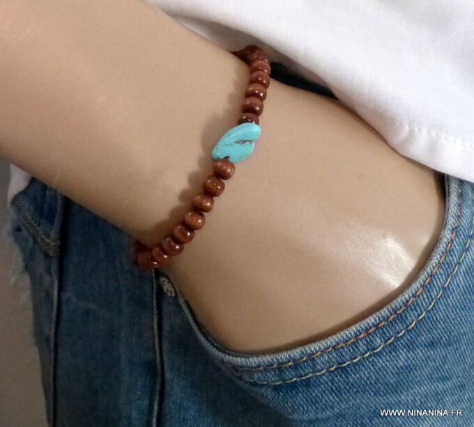 N6032d Bracelet elastique perles bois perle nugget turquoise naturelle - Bijoux Bracelets en ligne Ninanina