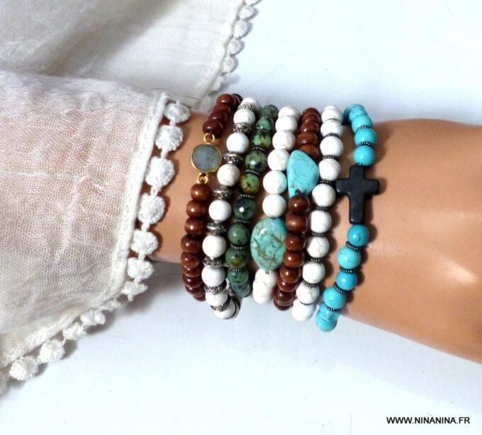 N6032f Bracelet elastique perles bois perle nugget turquoise naturelle - Bijoux Bracelets en ligne Ninanina