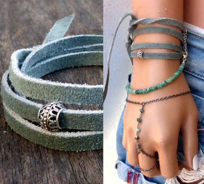 N6033 Bracelet femme wrap cordon daim perle argent 925 massif - Bijoux Bracelets en ligne Ninanina