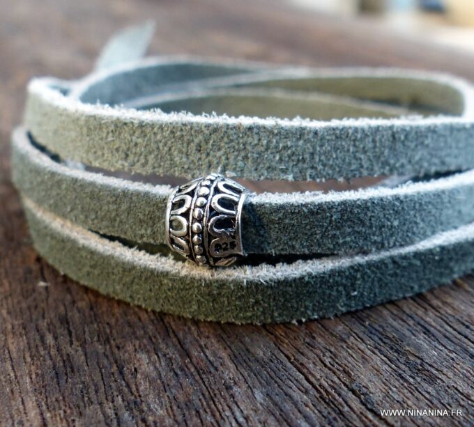 N6033a Bracelet femme wrap cordon daim perle argent 925 massif - Bijoux Bracelets en ligne Ninanina