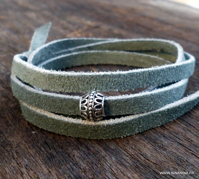 N6033c Bracelet femme wrap cordon daim perle argent 925 massif - Bijoux Bracelets en ligne Ninanina
