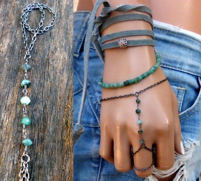 N6034 Bracelet chaine de main émeraude naturelle métal noir - Bijoux Bracelets en ligne Ninanina
