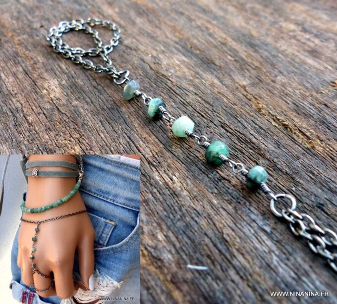 N6034a Bracelet chaine de main émeraude naturelle métal noir - Bijoux Bracelets en ligne Ninanina