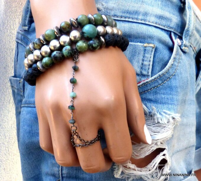 N6034b Bracelet chaine de main émeraude naturelle métal noir - Bijoux Bracelets en ligne Ninanina
