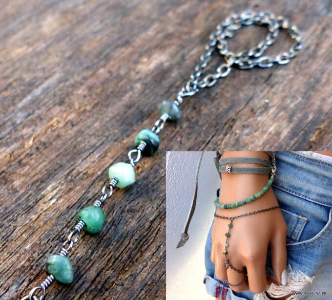 N6034e Bracelet chaine de main émeraude naturelle métal noir - Bijoux Bracelets en ligne Ninanina