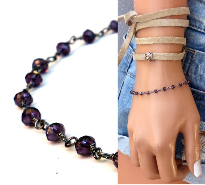 N6037 Bracelet chaine améthyste naturelle métal noir - Bijoux Bracelets en ligne Ninanina