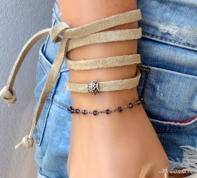 N6037a Bracelet chaine améthyste naturelle métal noir - Bijoux Bracelets en ligne Ninanina