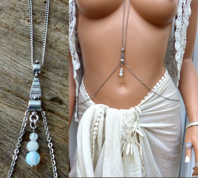 N6040 Chaine de corps pierres de lune naturelles acier inoxydable - Bijoux Chaines en ligne Ninanina