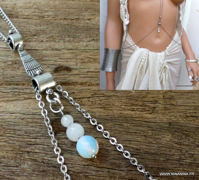 N6040a Chaine de corps pierres de lune naturelles acier inoxydable - Bijoux Chaines en ligne Ninanina