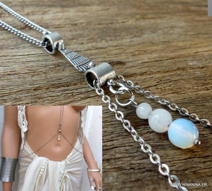 N6040e Chaine de corps pierres de lune naturelles acier inoxydable - Bijoux Chaines en ligne Ninanina