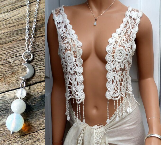 N6042 Collier chaine perles en pierre de lune demi lune argent massif - Bijoux Colliers en ligne Ninanina