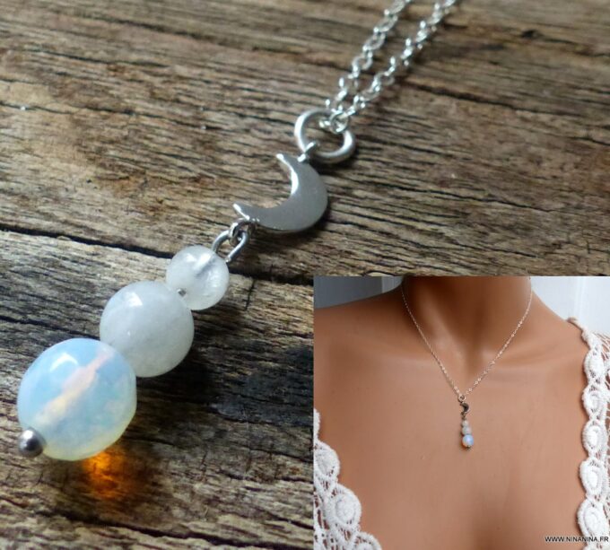 N6042b Collier chaine perles en pierre de lune demi lune argent massif - Bijoux Colliers en ligne Ninanina