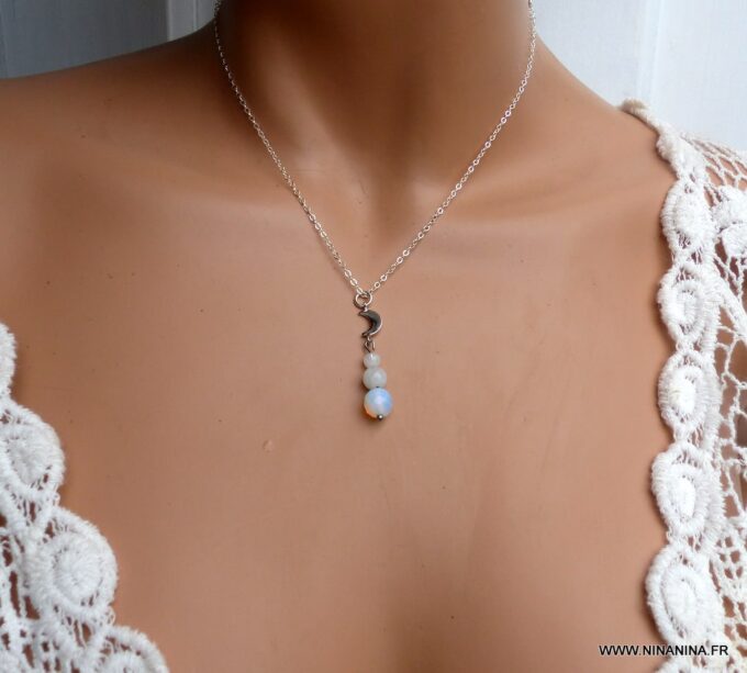 N6042d Collier chaine perles en pierre de lune demi lune argent massif - Bijoux Colliers en ligne Ninanina