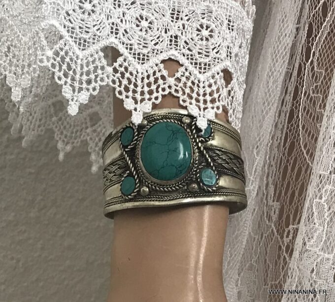 N6044 Manchette turquoise large - Bracelet femme ethnique - Bijoux Bracelets en ligne Ninanina