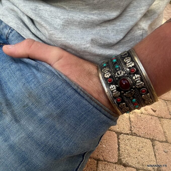 N6047b Bracelet manchette ethnique lapis turquoise corail - Bijoux Bracelets manchettes en ligne Ninanina