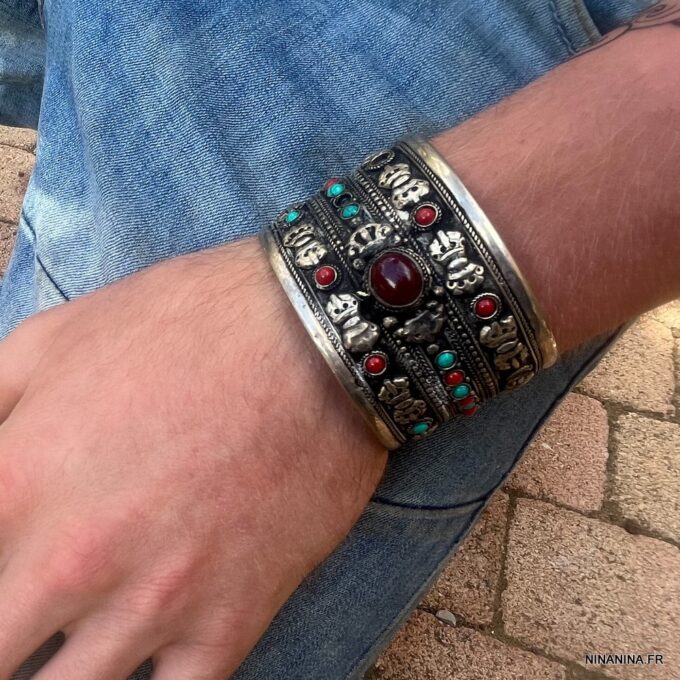 N6047c Bracelet manchette ethnique lapis turquoise corail - Bijoux Bracelets manchettes en ligne Ninanina