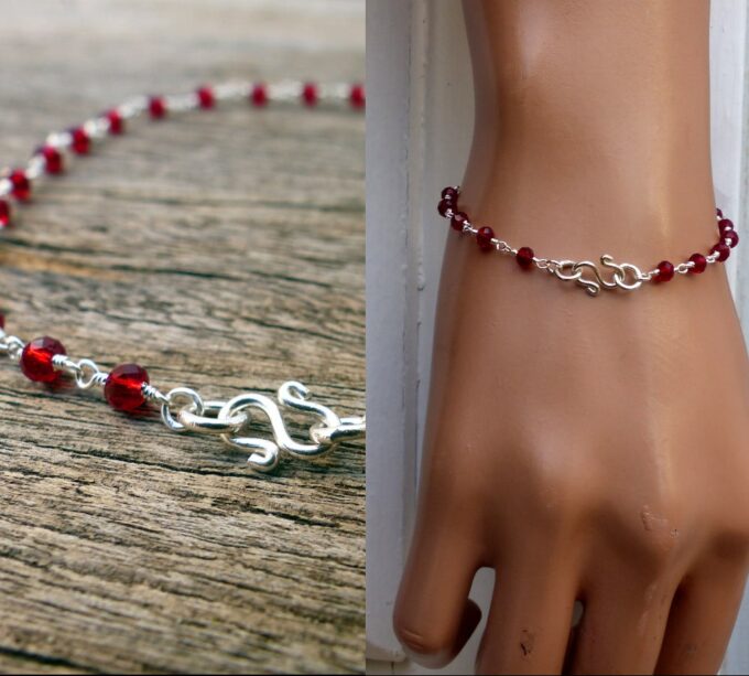 N6051 Bracelet perles grenat naturelle infini argent massif - Bijoux Bracelets en ligne Ninanina