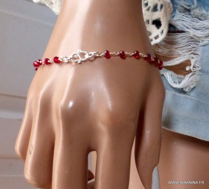 N6051a Bracelet Grenat rouge Et symbole infini Argent 925 massif - Bijoux Bracelets en ligne Ninanina