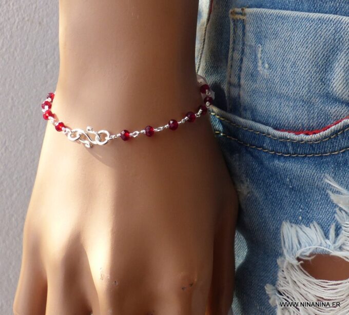 N6051e Bracelet perles grenat naturelle infini argent massif - Bijoux Bracelets en ligne Ninanina