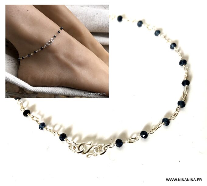 N6054a Bijou en saphir bleu - Chaine de cheville infini argent - Bijoux de pied en ligne Ninanina