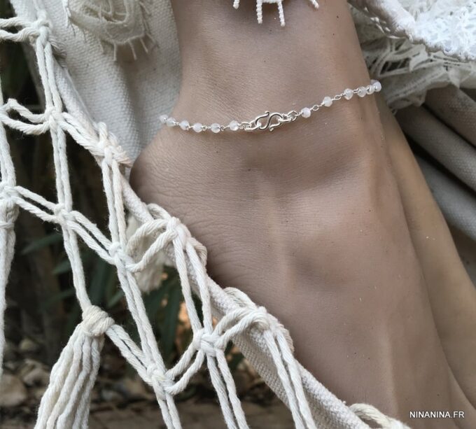 N6058b Chaine de cheville pierre de lune Argent symbole infini femme - Bijoux de pied en ligne Ninanina