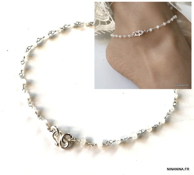 N6058d Chaine de cheville pierre de lune Argent symbole infini femme - Bijoux de pied en ligne Ninanina