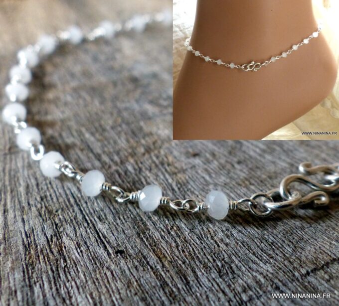 N6058f Chaine de cheville perles pierre de lune naturelle fermoir infini argent massif - Bijoux Chaines en ligne Ninanina