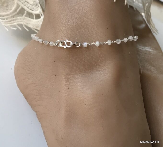 N6058f Chaine de cheville pierre de lune Argent symbole infini femme - Bijoux de pied en ligne Ninanina